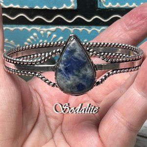 Sodalite Bracelet Cuff Bangle Handmade Gemstone 925 Silver Bohemian Cowboy New!
